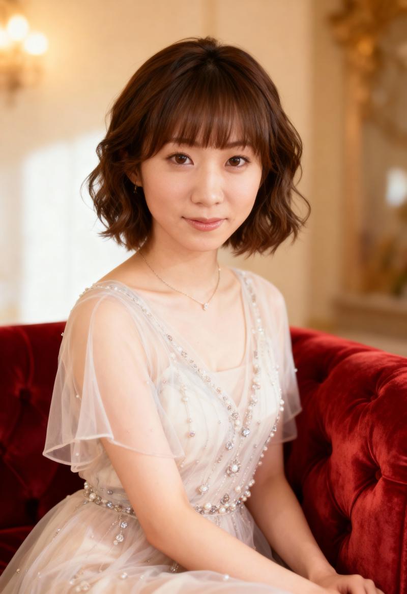 柔らかい照明のある豪華な部屋で、赤いベルベットのソファに座っているアジアの若い女性の...。