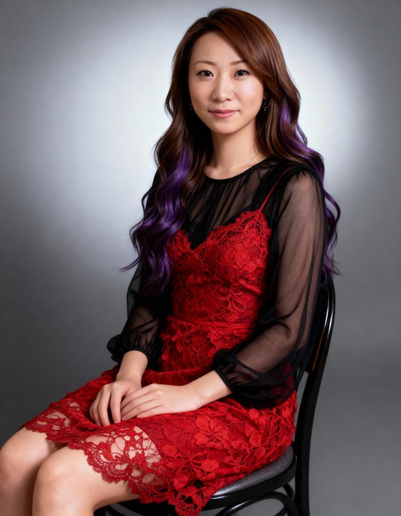 灰色の背景に黒い椅子に座っている、赤いレースのドレスを着た長くウェーブのかかった髪の...。