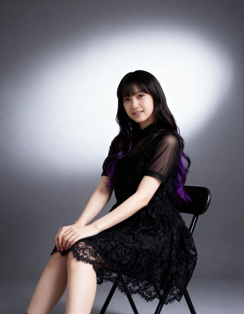 柔らかなグレーの背景とドラマチックな光源が背後にあるミニマルな環境で、椅子に座ってい...。