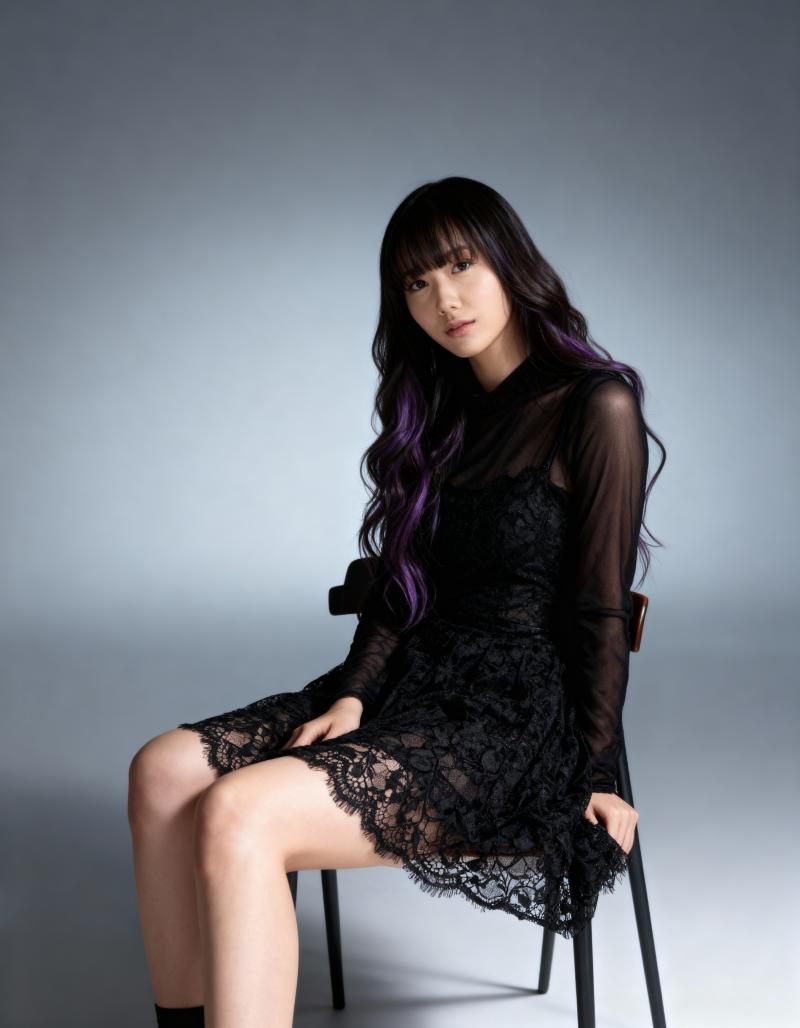 ミニマルな環境で黒いレースのドレスを着て椅子に座っている若い女性を正面カメラのアング...。