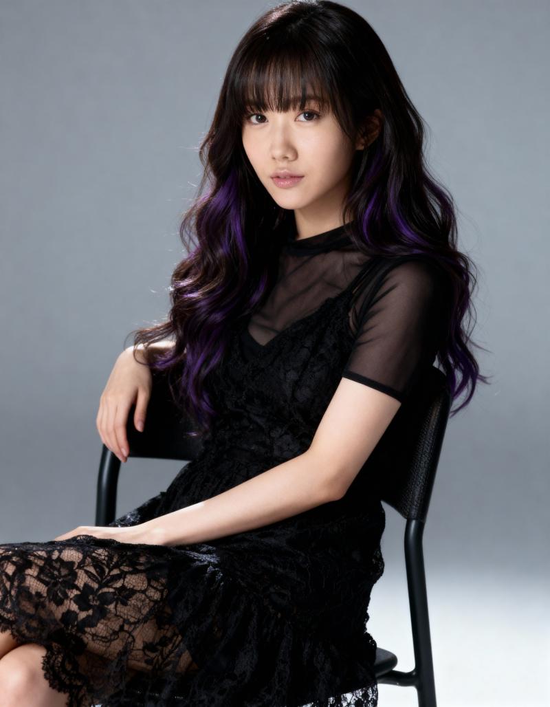 ミニマルなグレーの背景に黒い椅子に座る、紫のハイライトが入った長くウェーブのかかった...。