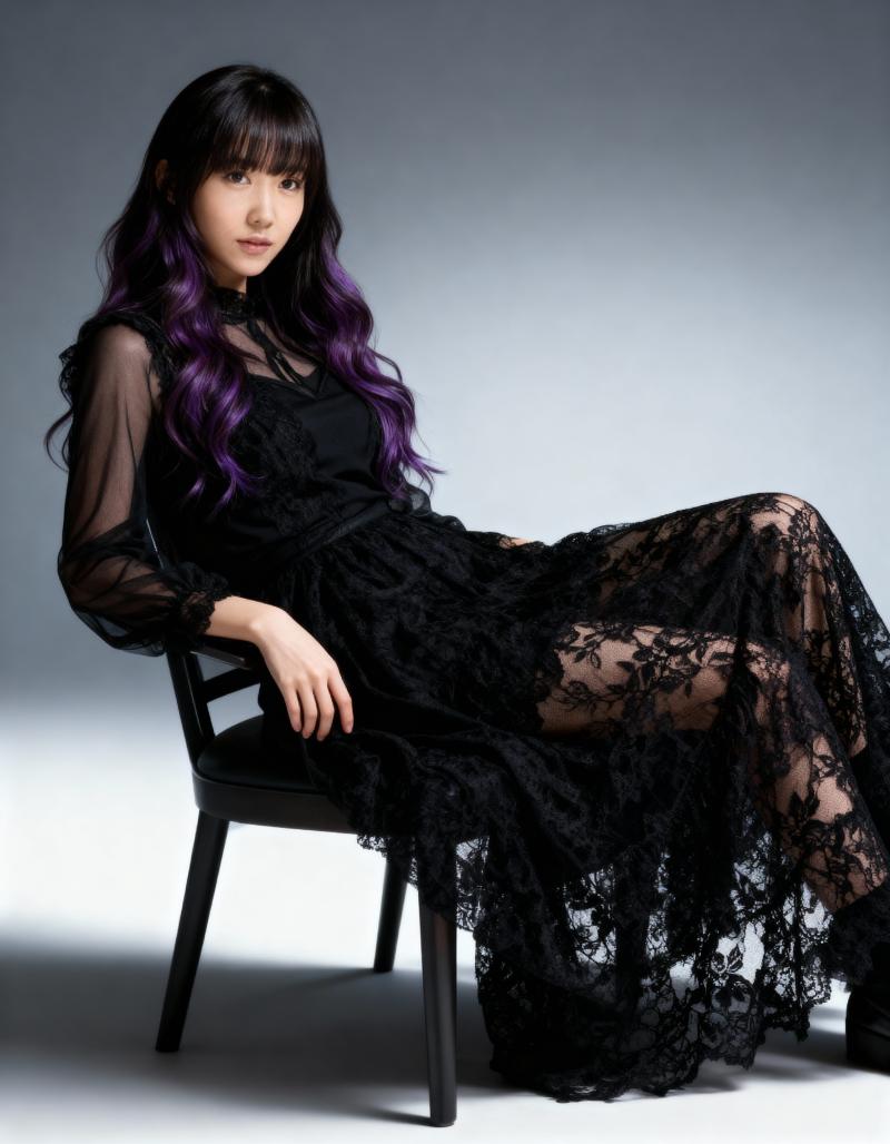 袖が透けた黒いレースのロングドレスを着て椅子に座っている若い女性を横から撮った写実的な写真。