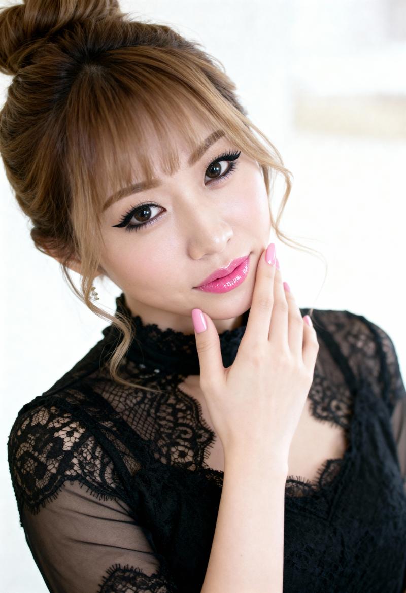 黒いレースのトップを着て、乱れたお団子でスタイリングされた、白い肌と茶色の髪を持つ若...。