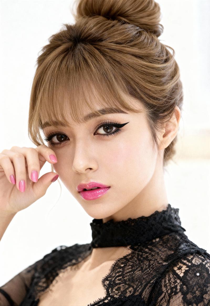 柔らかくぼやけた背景の前でポーズをとる、真剣な表情の若い女性のクローズアップポートレート。