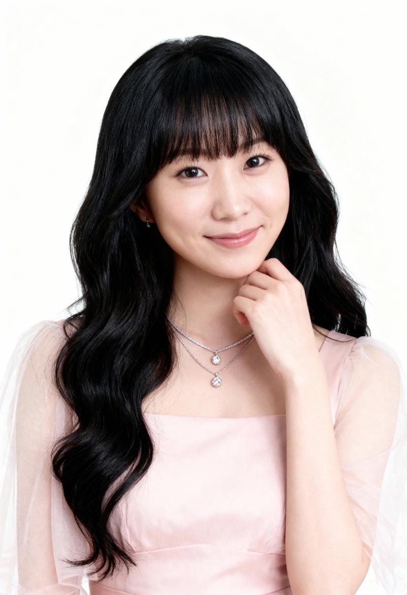 ウェーブのかかった長い黒髪と前髪を持ち、薄手の袖と繊細なネックレスが付いた淡いピンク...。