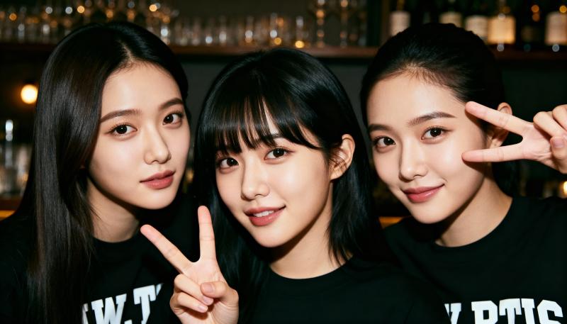 薄暗いバーの中でピースサインでポーズをとる 3 人の若い女性を正面カメラのアングルか...。