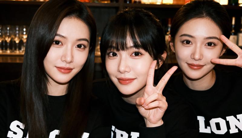 薄暗いバーで、「セーラーガール」という文字がプリントされた黒いスウェットシャツを着て...。