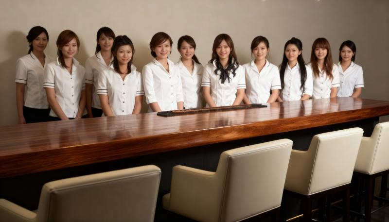 現代の会議室にある木製の会議テーブルの後ろに一列に並んでいる白い制服を着た 9 人の...。