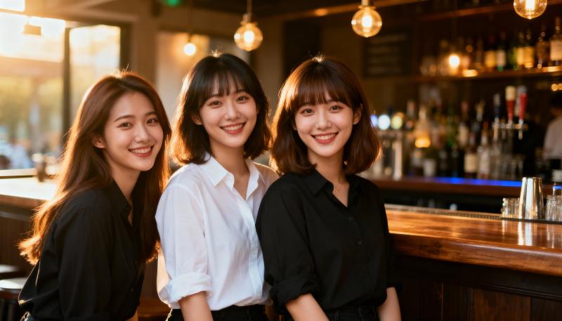 バーに座ってカメラに向かって微笑む 3 人の若い女性を正面カメラのアングルから写実的...。