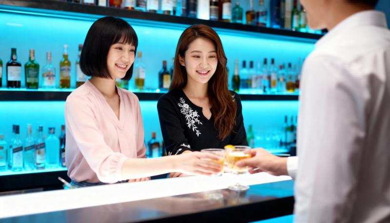 バーで 3 人のアジア人女性がカジュアルな雰囲気で笑顔で男性と交流している、写実的なシーン。