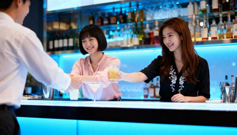 モダンなバーのカウンターで握手する 2 人の若い女性を描いた写実的なシーン。