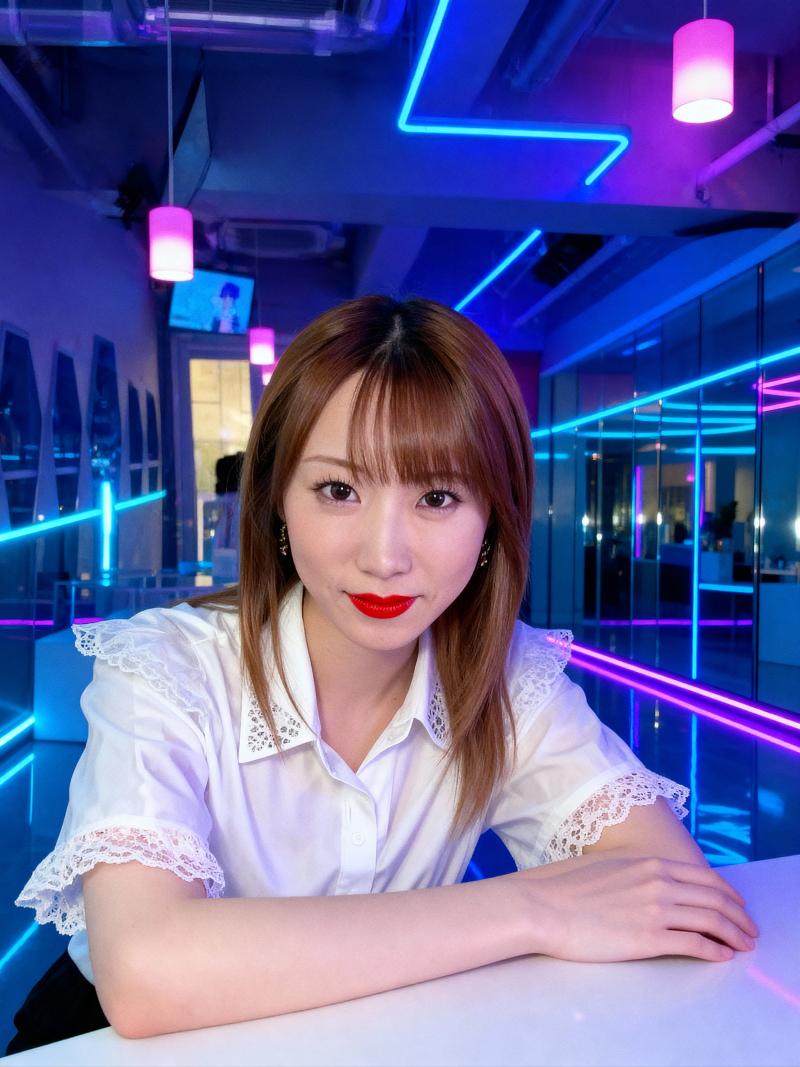 長い茶色の髪と前髪を持ち、レースのディテールが施された白いブラウスを着て、ネオンライ...。