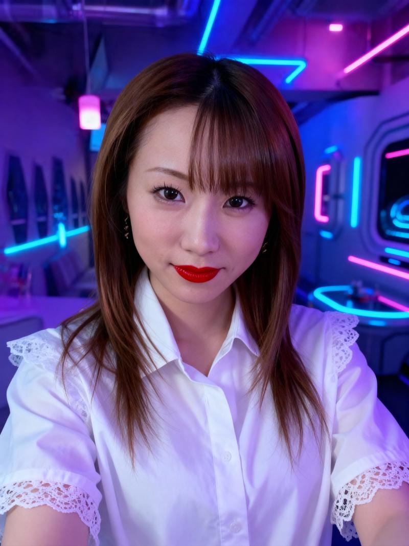 ネオンライトのある薄暗い未来的な室内で、ポートレートカメラの角度から撮影された、若い...。