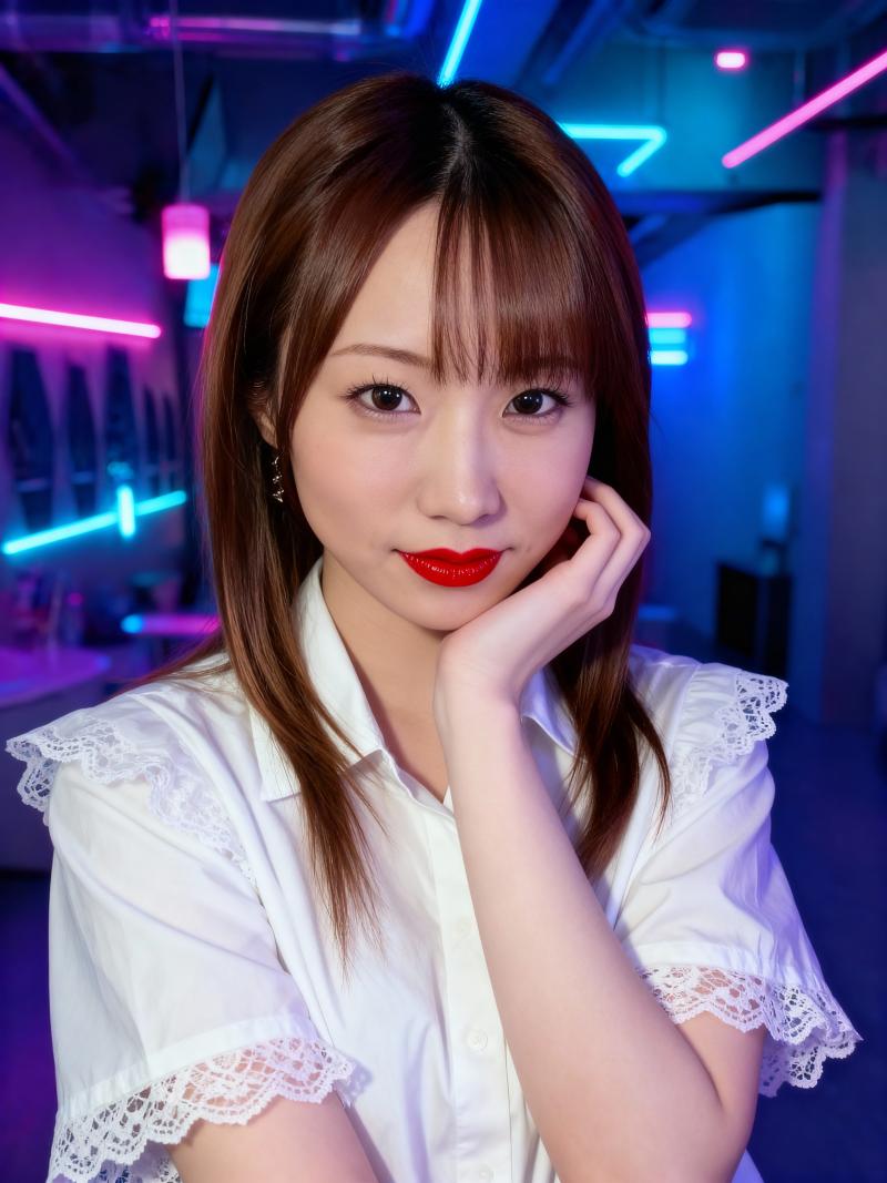 薄暗いネオンの光る部​​屋で、レースのディテールが施された白いブラウスを着て、思慮深...。