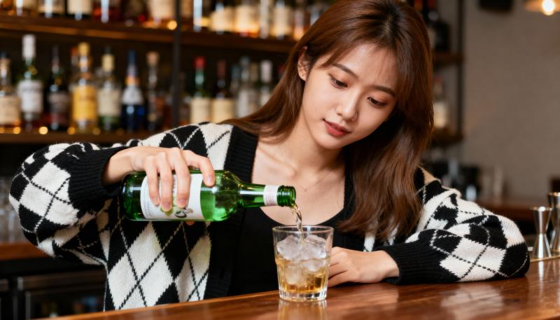 薄暗いバーの木製バーカウンターに、黒と白のアーガイルセーターを着た長い茶色の髪の若い...。