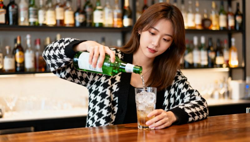 薄暗いバーの木製バーカウンターの上に、黒と白の千鳥格子柄のカーディガンを着た、長い茶...。