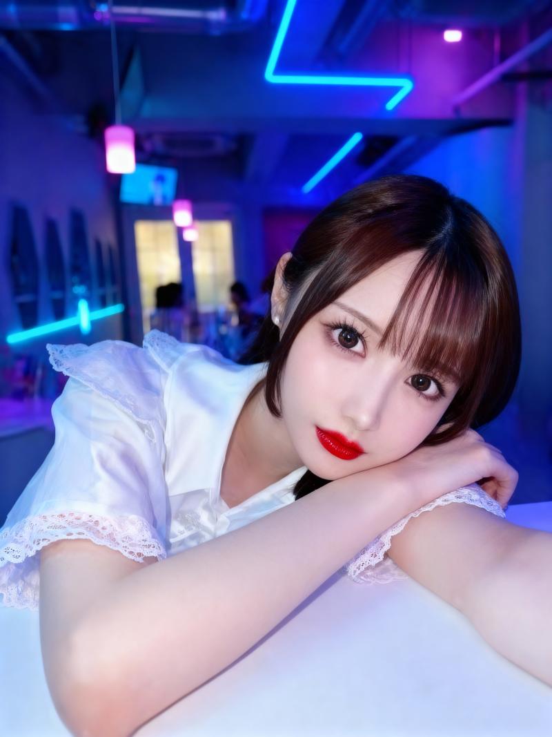 半袖の白いブラウスを着て赤い口紅をつけた若い女性が真剣な表情でテーブルに座っている様...。