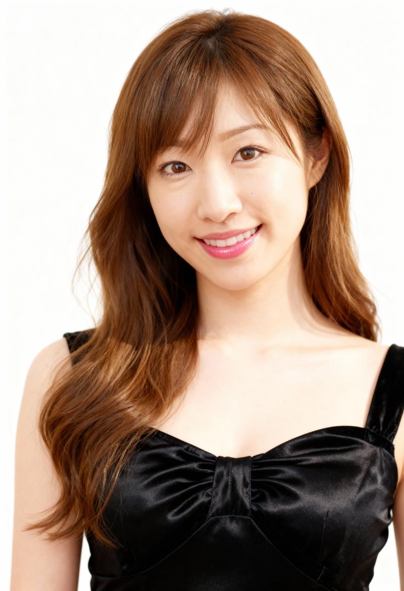 長くウェーブのかかった茶色の髪と白い肌を持ち、カメラに向かって微笑む若いアジア人女性...。