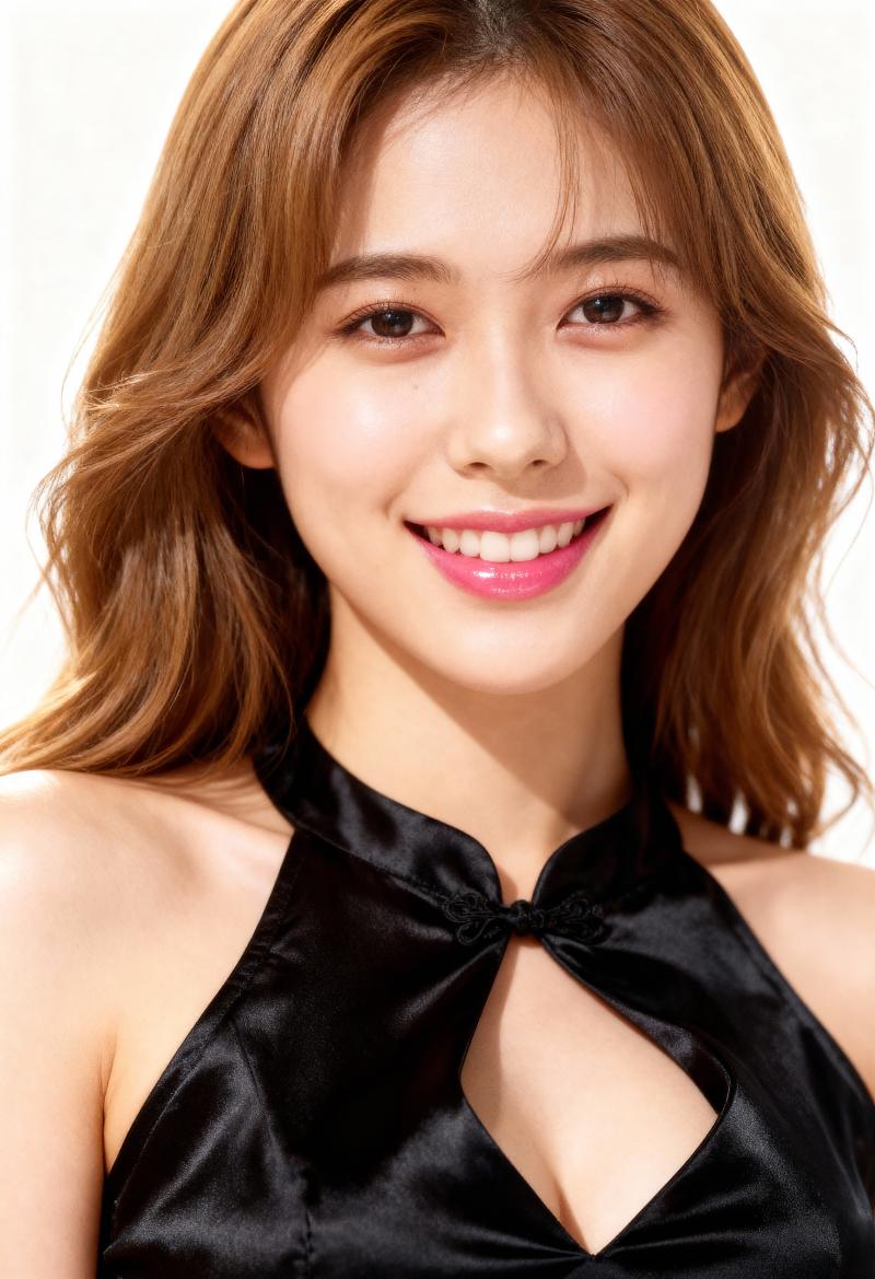 陽気な表情をした若い女性の写実的なポートレート。