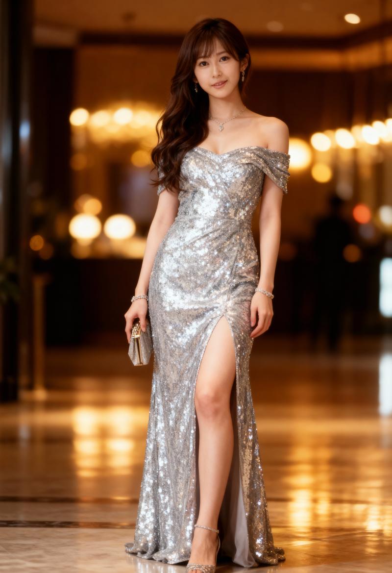豪華なロビーに、見事なシルバーのスパンコールのガウンを着て自信を持って立っている女性...。