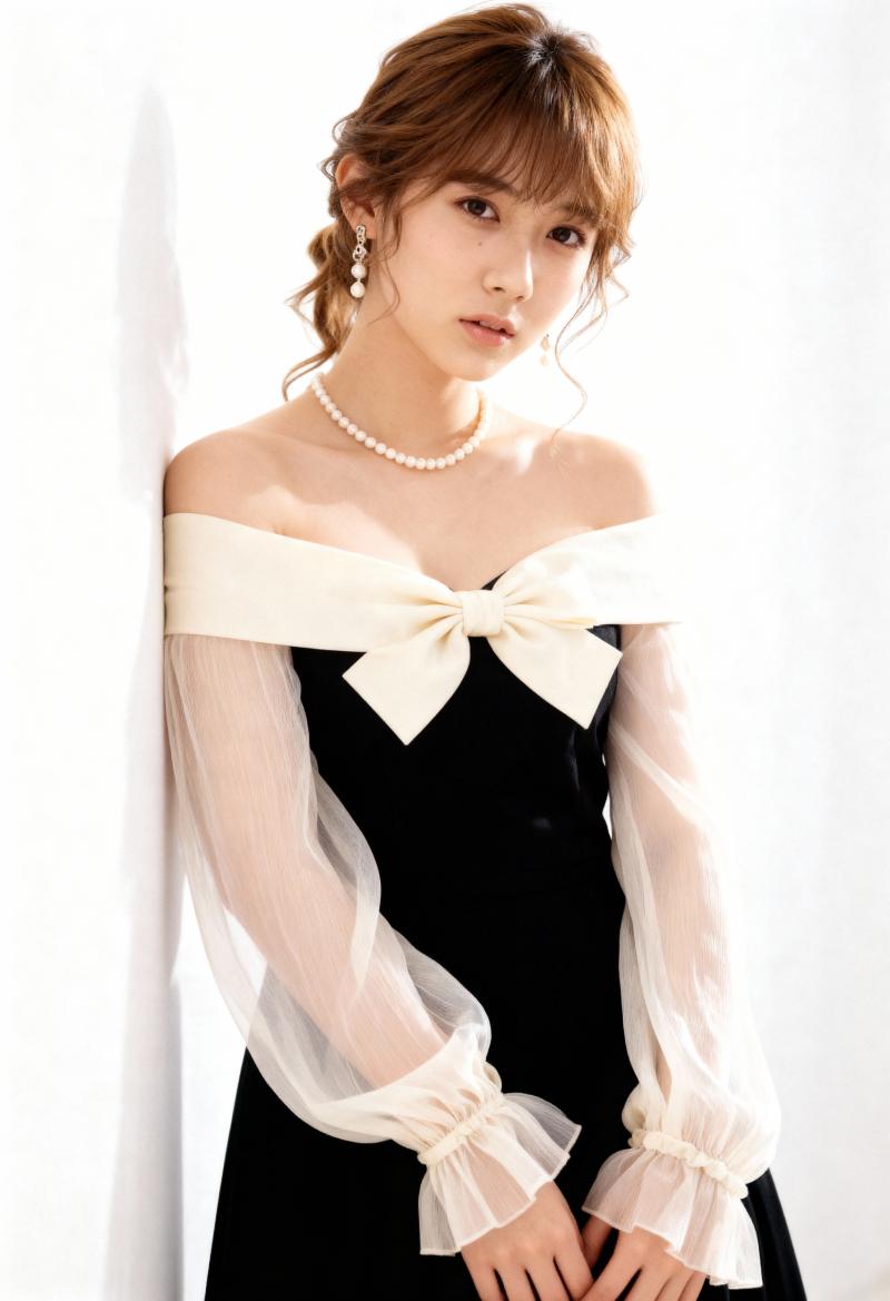 薄手の袖とリボンが付いたフォーマルな服装をした若い女性が、無地の白い壁に向かってポー...。