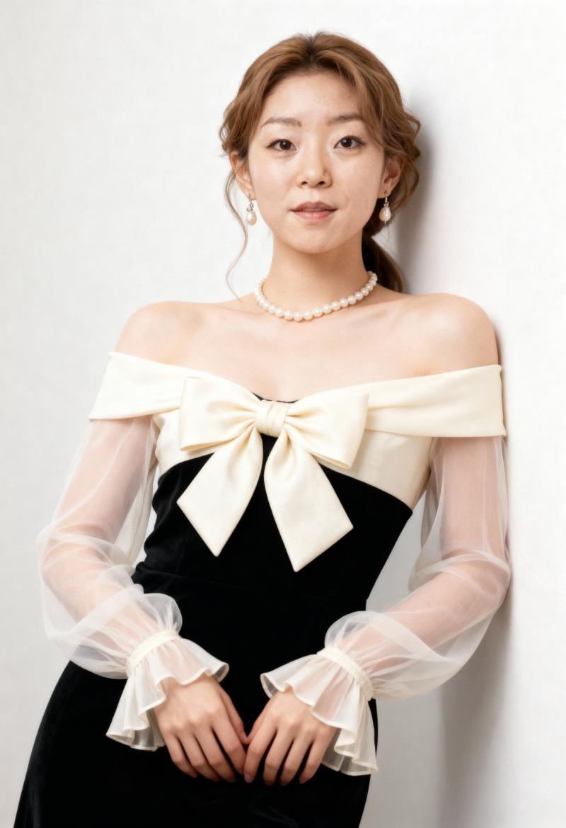 ポートレートカメラの角度から撮影された、正装を着た若いアジア人女性の写実的なポートレート。