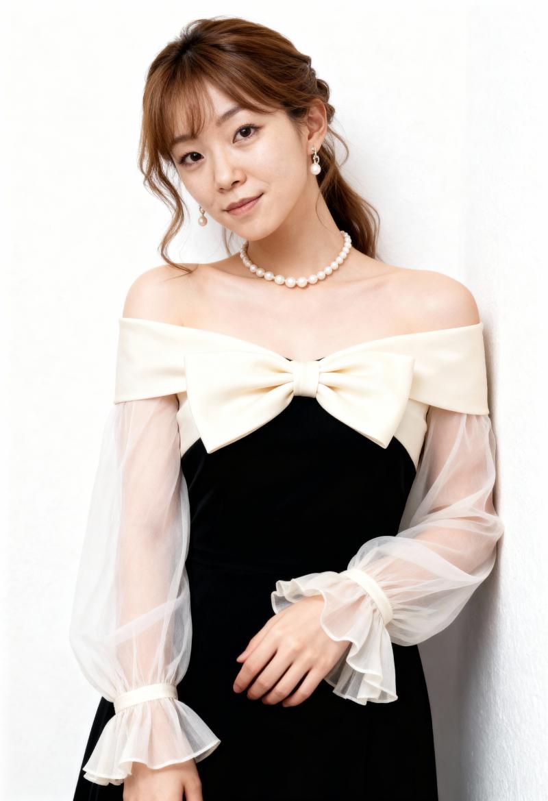 無地の白い壁に向かってポーズをとる若いアジア人女性の写実的なポートレート。