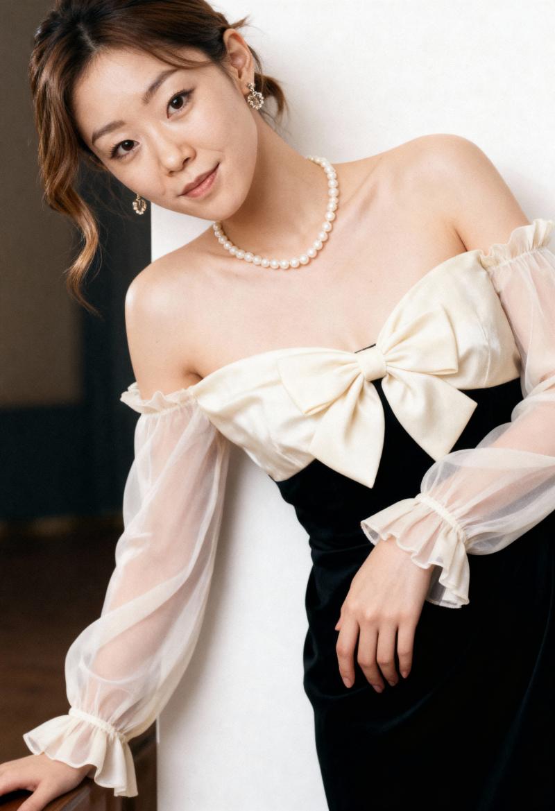 薄手の袖と大きなリボンが付いたフォーマルな衣装を着て、無地の壁に向かってエレガントに...。