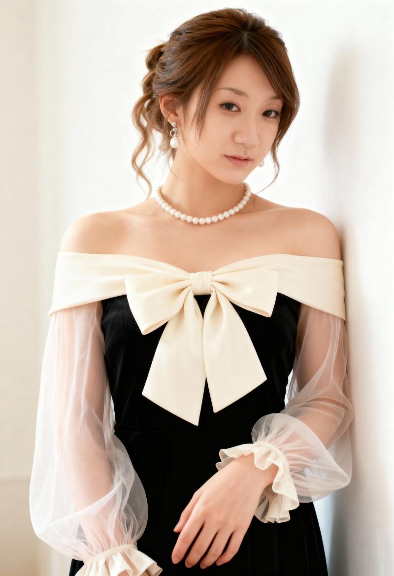 真珠のネックレスと大きなリボンを付けた正装をした若い女性が、真っ白な壁を背景にポーズ...。