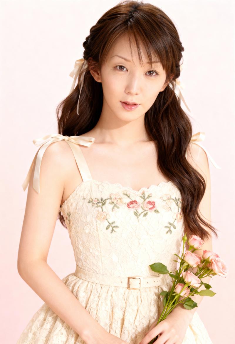 花の刺繍が施された明るい色のレースのドレスを着て、ピンクのバラの花束を持った若い女性...。