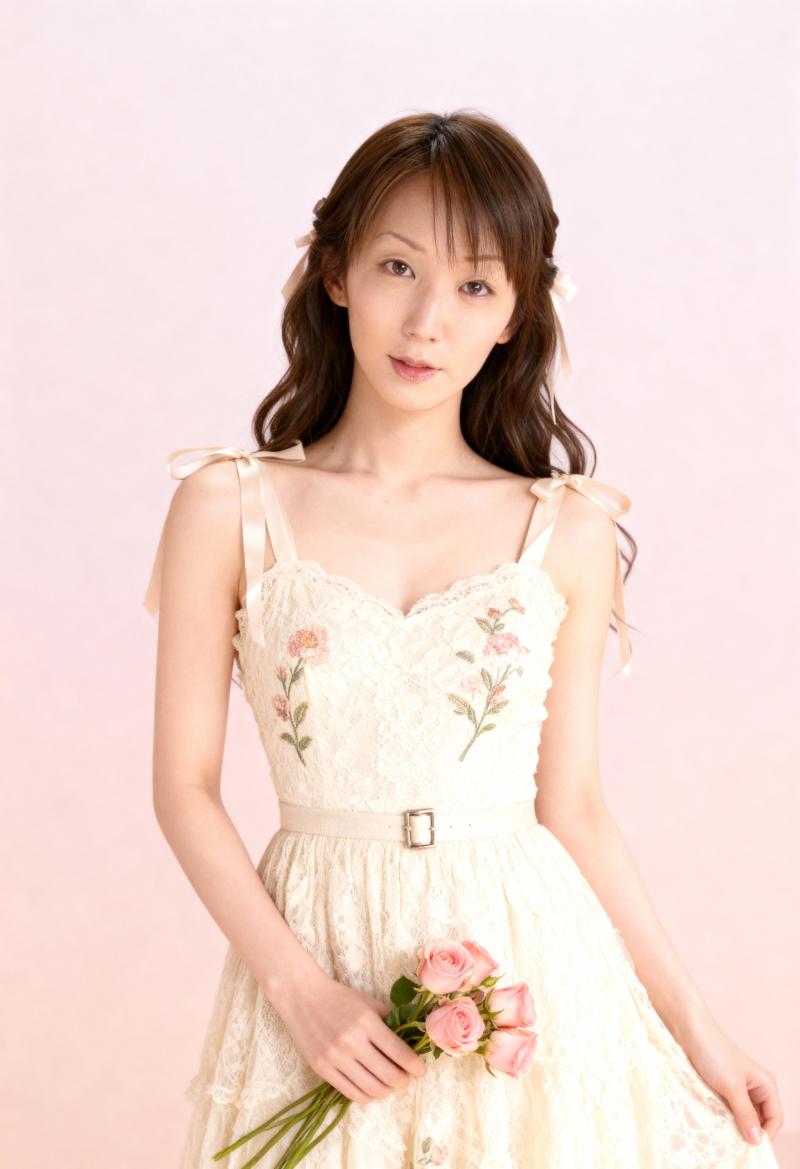 ピンクのバラの花束を持った白いレースのドレスを着た若い女性を正面カメラの角度から撮影...。