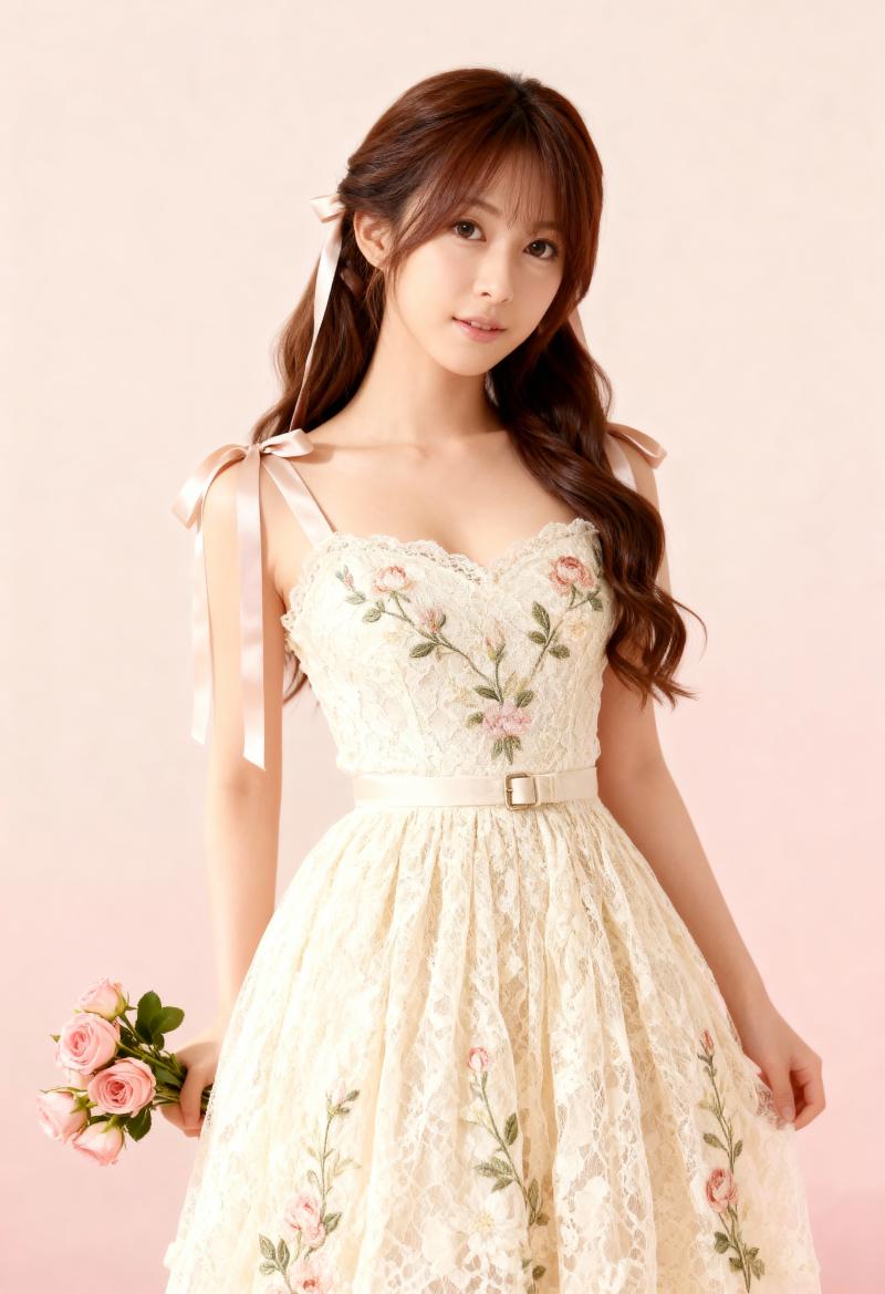 花の刺繍で飾られた明るい色のドレスを着て、ピンクのバラの花束を持った若い女性を正面カ...。