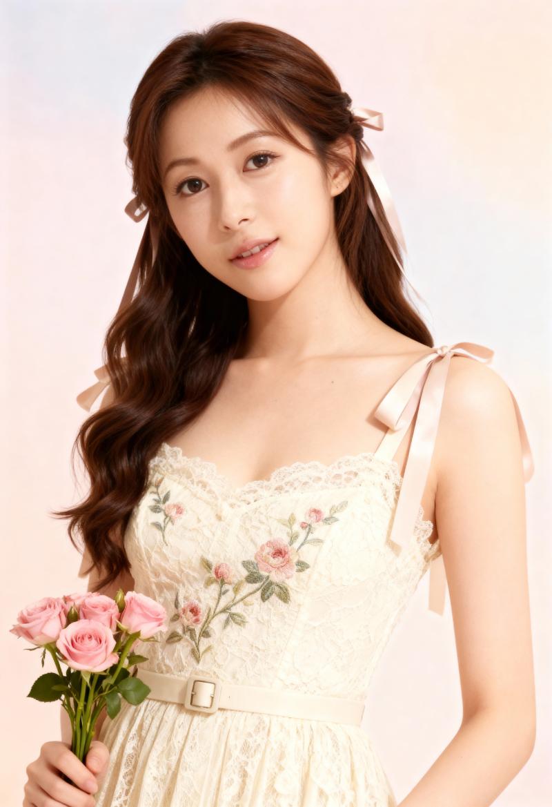 花の刺繍が施された明るい色のドレスと白いベルトを着て、ピンクのバラの花束を持った若い...。