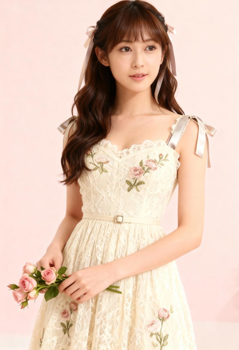 花の刺繍が施された白いレースのドレスを着て、ピンクのバラの花束を持った若い女性をポー...。