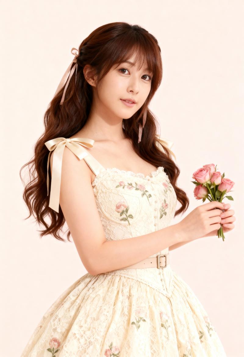 花柄の明るい色のドレスを着て、ピンクのバラの花束を持った若い女性をポートレートアング...。