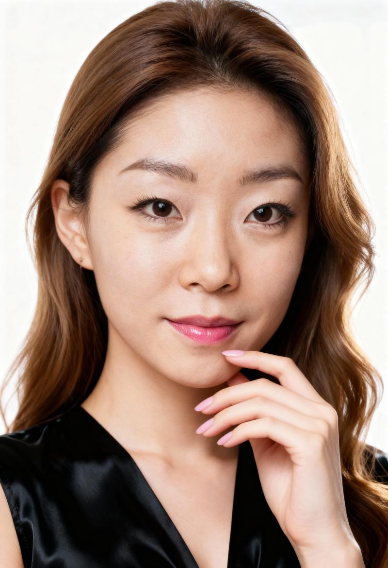 無地の白い背景に、長くウェーブのかかった茶色の髪と中性的な表情をした若いアジア人女性...。