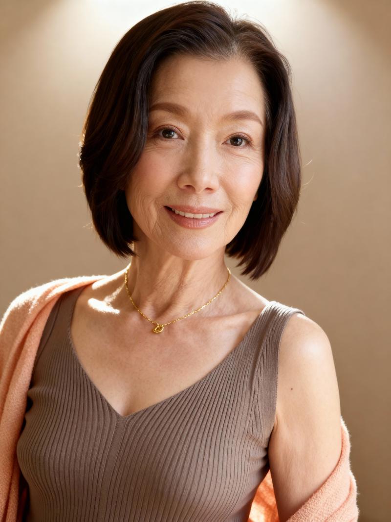 カメラに向かって微笑む、短い黒髪の中年のアジア人女性のポートレート。