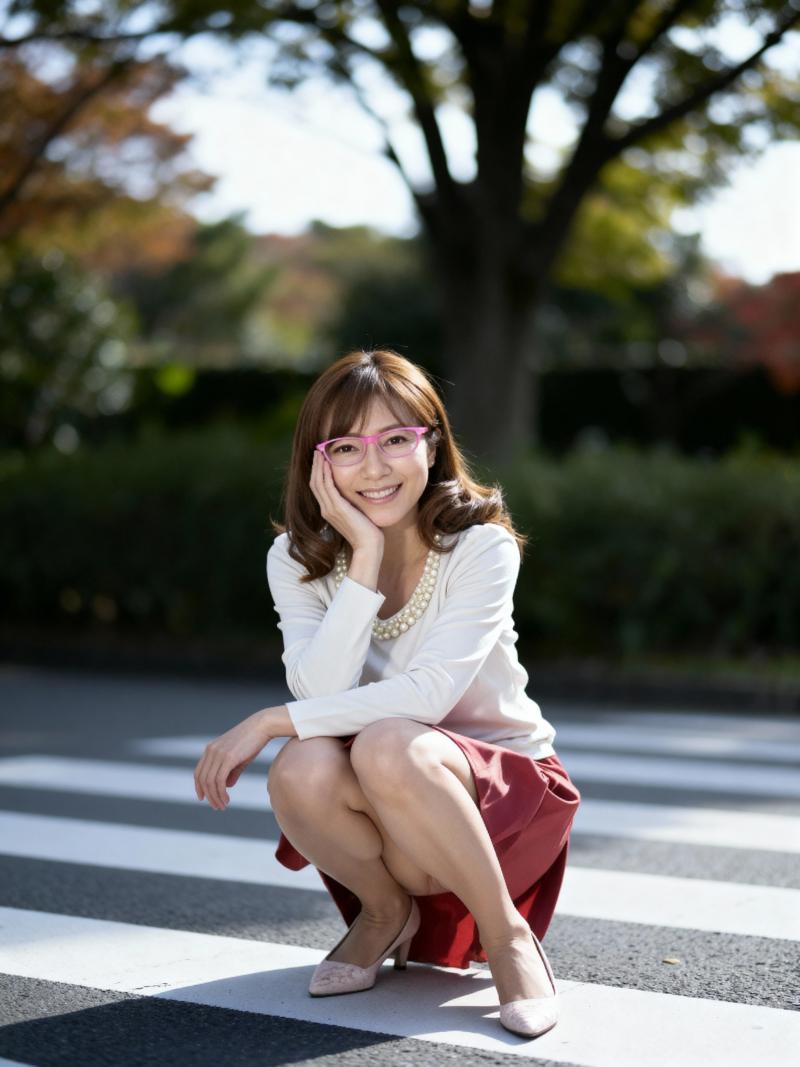 白い長袖シャツと栗色のスカートを着て、ピンクの眼鏡と真珠のネックレスを着け、公園の横...。