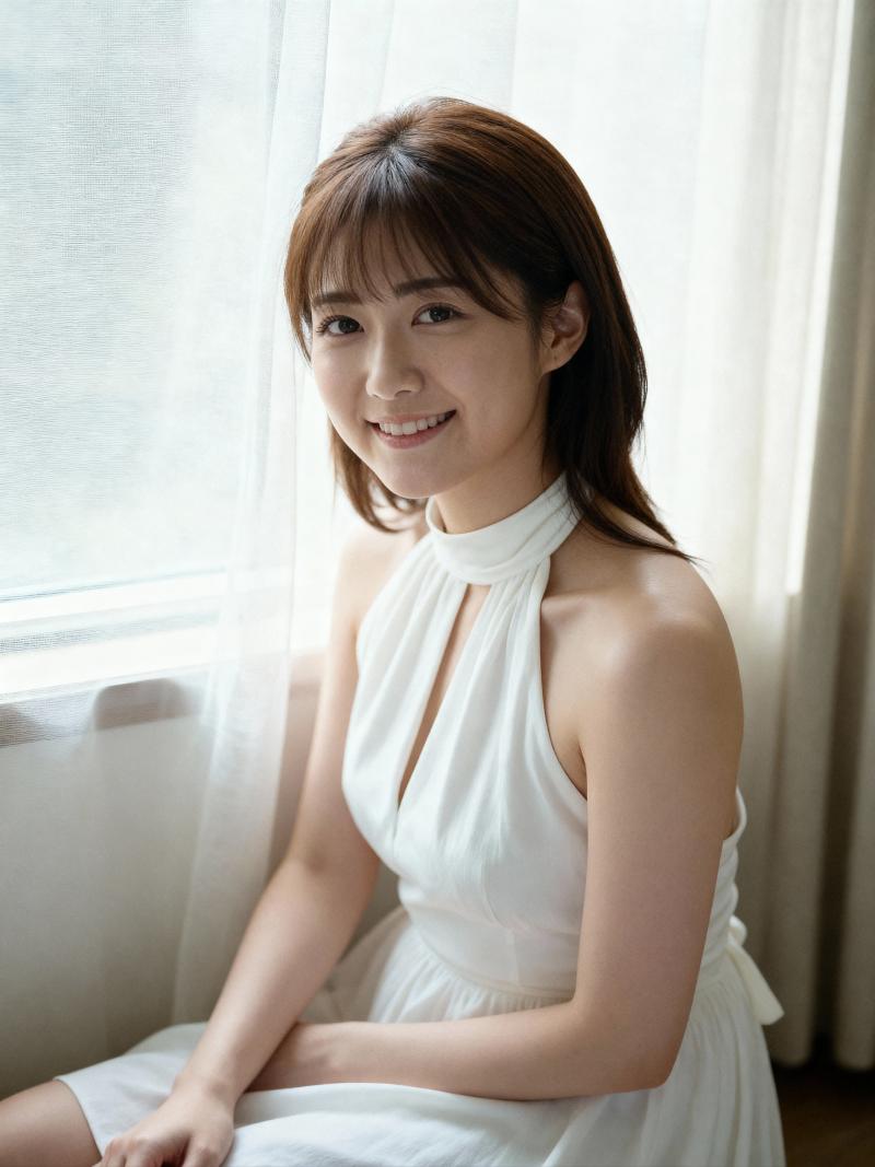 ホルターネックの白いノースリーブのドレスを着て、窓の前に座っている若い女性の写実的な...。