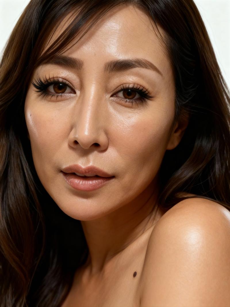 長い濃い茶色の髪と印象的な茶色の目を示す、中性的な表情を持つ女性のクローズアップのポ...。