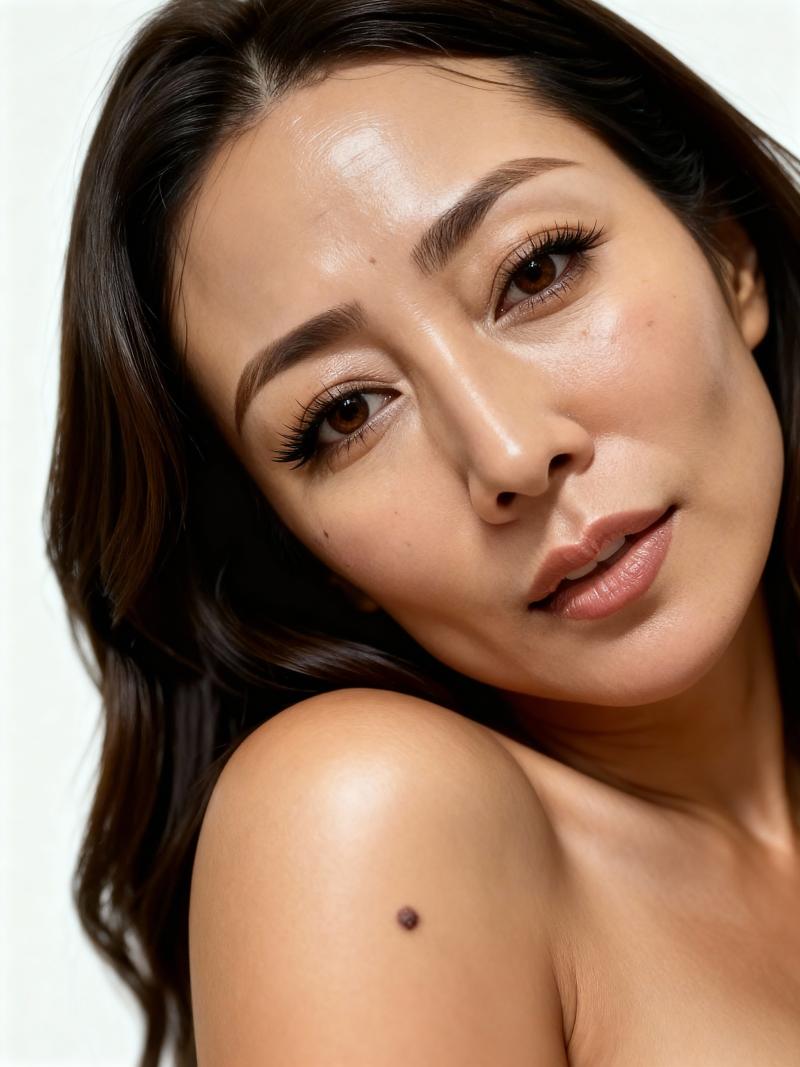 滑らかな肌と長く濃い茶色の髪を見せる、中性的な表情の女性のクローズアップポートレート。