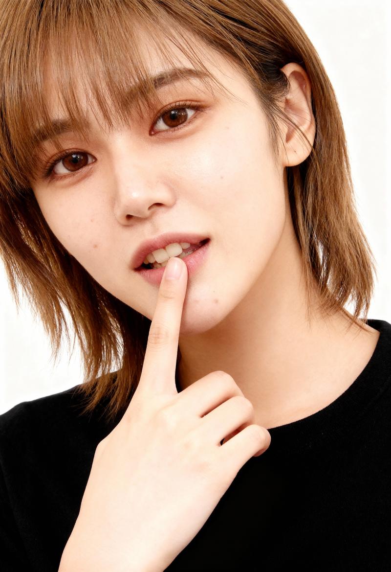 唇に指を当て、無表情で質問する若い女性のクローズアップのポートレート。