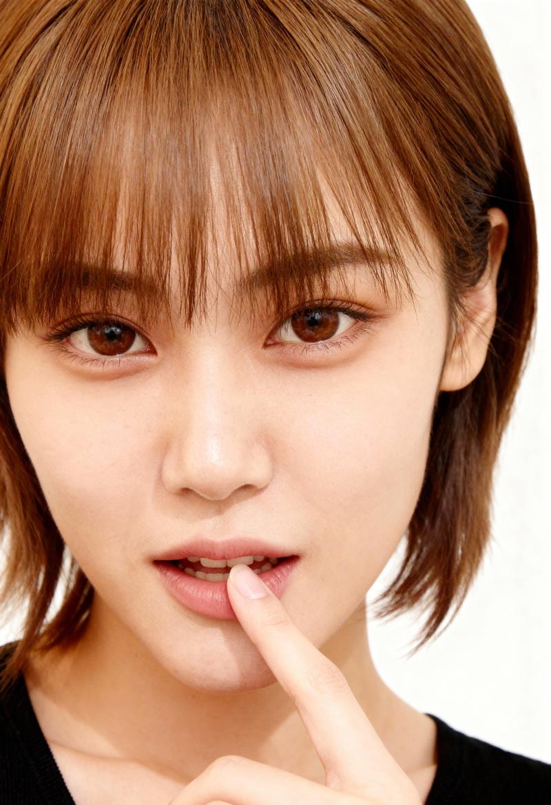 唇に指を当て、思慮深い表情をした若い女性の接写。