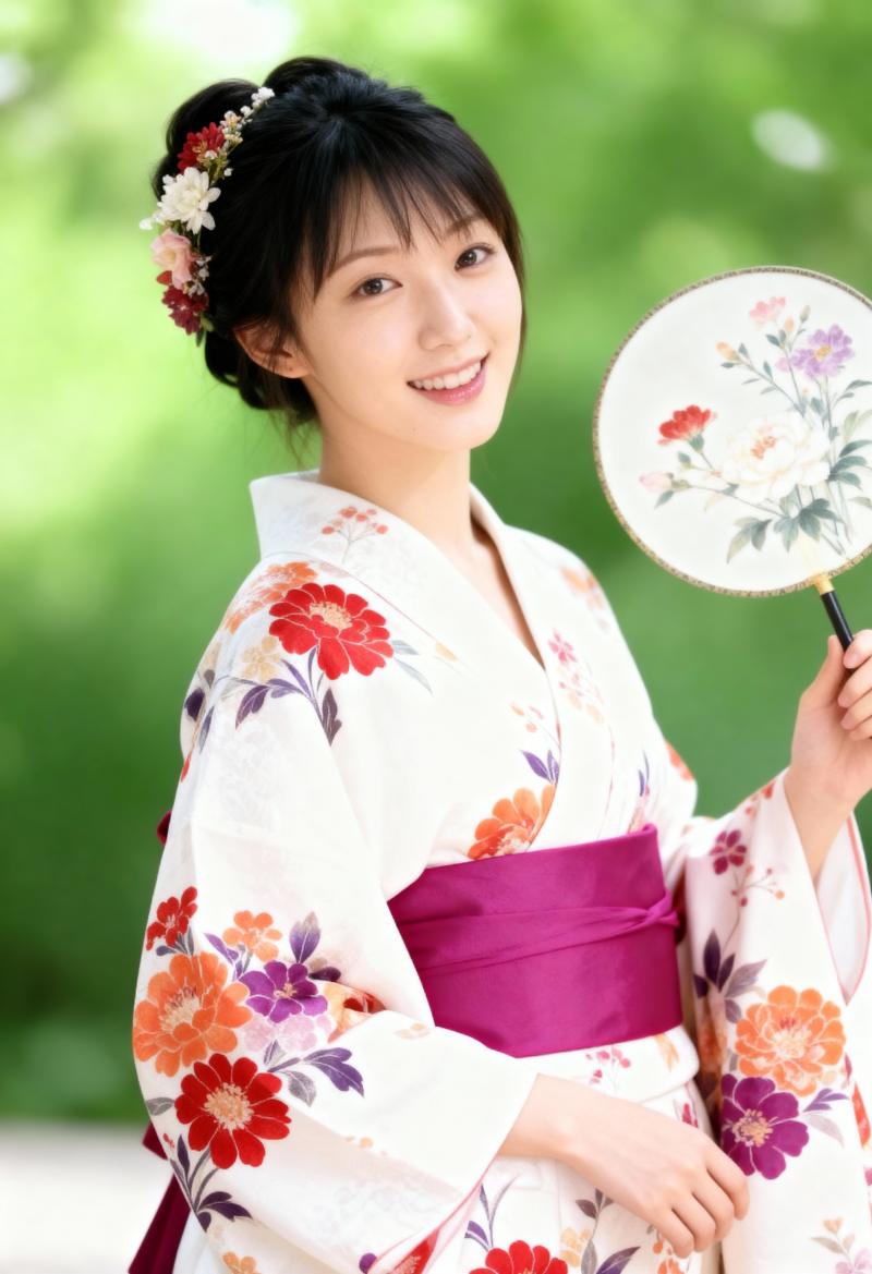 花柄の扇子を持った伝統的な和服を着た若い女性をポートレートアングルから写実的に撮影したもの。