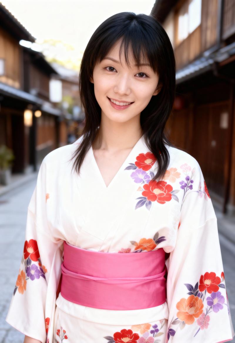 伝統的な木造建築を背景にした狭い路地の真ん中に、色とりどりの花柄の伝統的な白い着物と...。