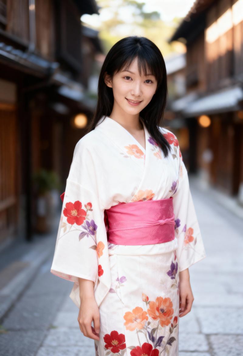 木造の建物が立ち並ぶ狭い石畳の通りに立つ、花柄の伝統的な日本の着物を着た若い女性をポ...。