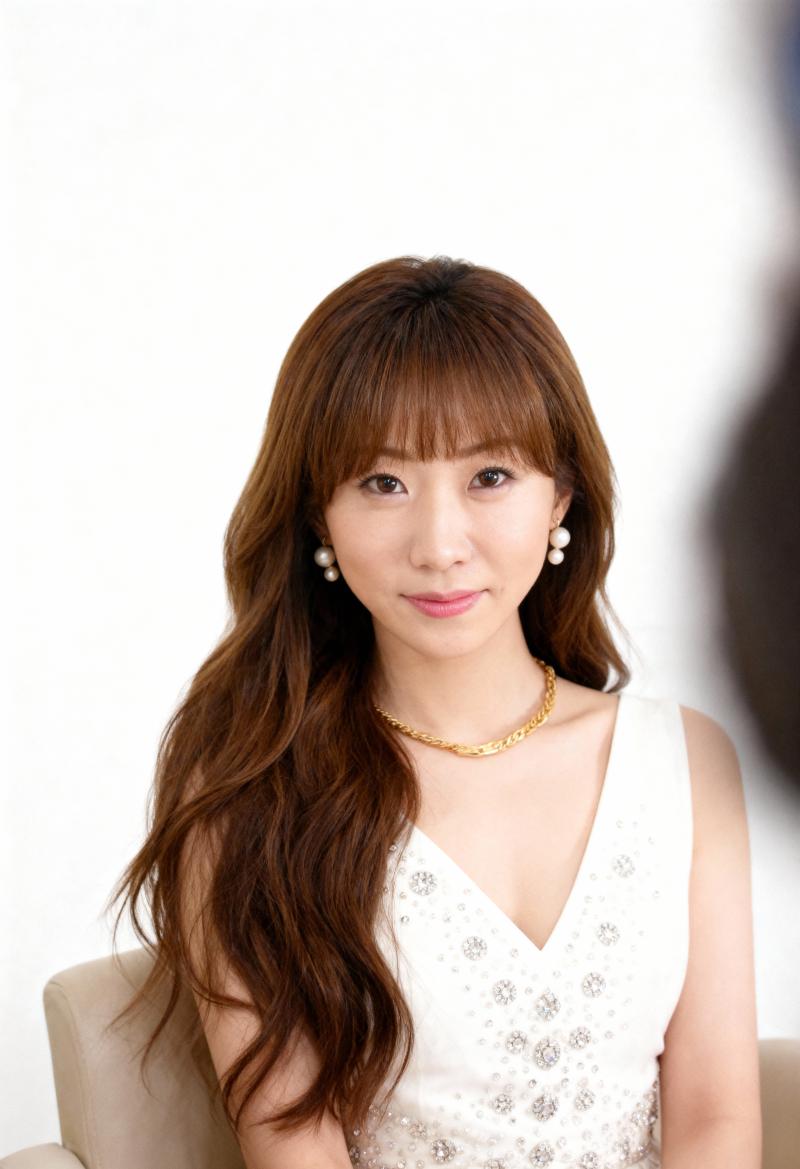 ウェーブのかかった茶色の長い髪と前髪を持ち、銀の装飾と真珠のイヤリングが付いた白いノ...。