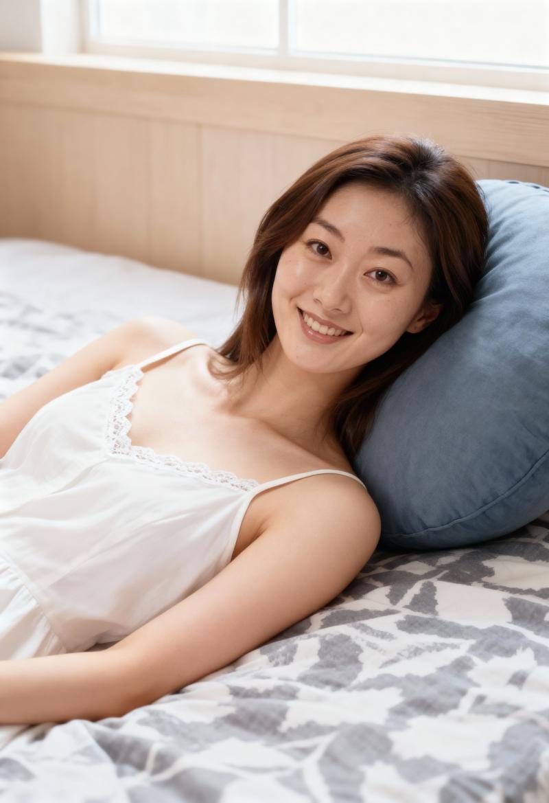 ベッドに横たわり、カメラに向かって微笑む若い女性の写実的なポートレート。