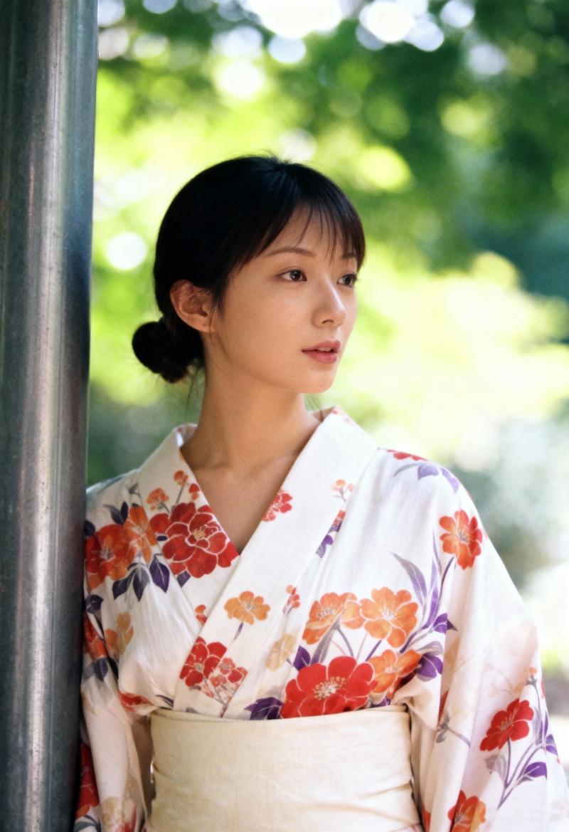 ぼやけた緑の背景に、花柄の伝統的な日本の着物を着た若い女性をポートレートアングルから...。