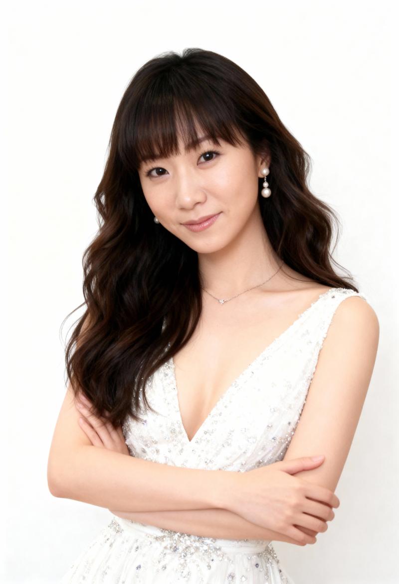 ウェーブのかかった濃い茶色の長い髪とわずかな笑みを浮かべた若い女性のプロの顔写真。